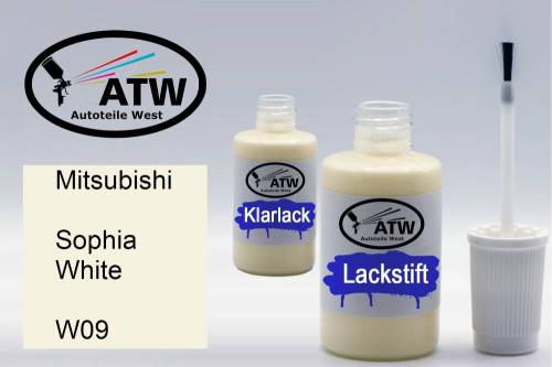 Mitsubishi, Sophia White, W09: 20ml Lackstift + 20ml Klarlack - Set, von ATW Autoteile West.